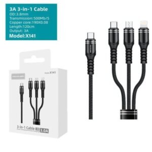 Cable Trenzado 3 en 1 USBA a USB C Lightning y MicroUSB 3A 12m