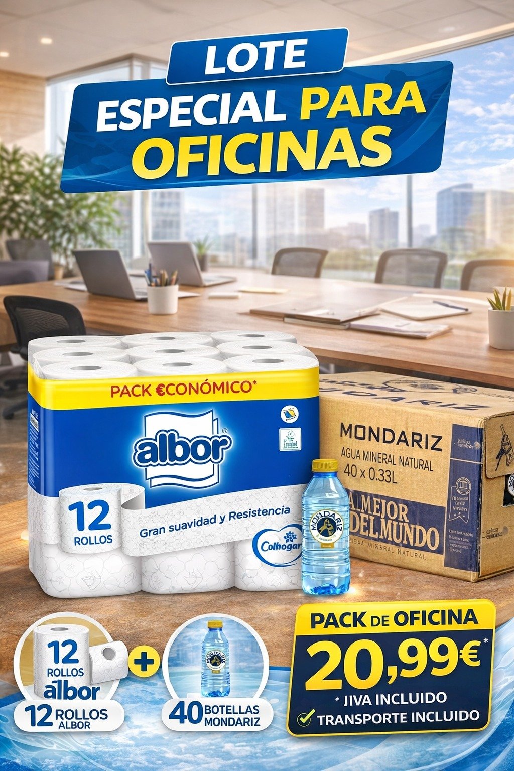 lote oficinas 12 rollos papel wc + 40 *0.33 agua mondariz