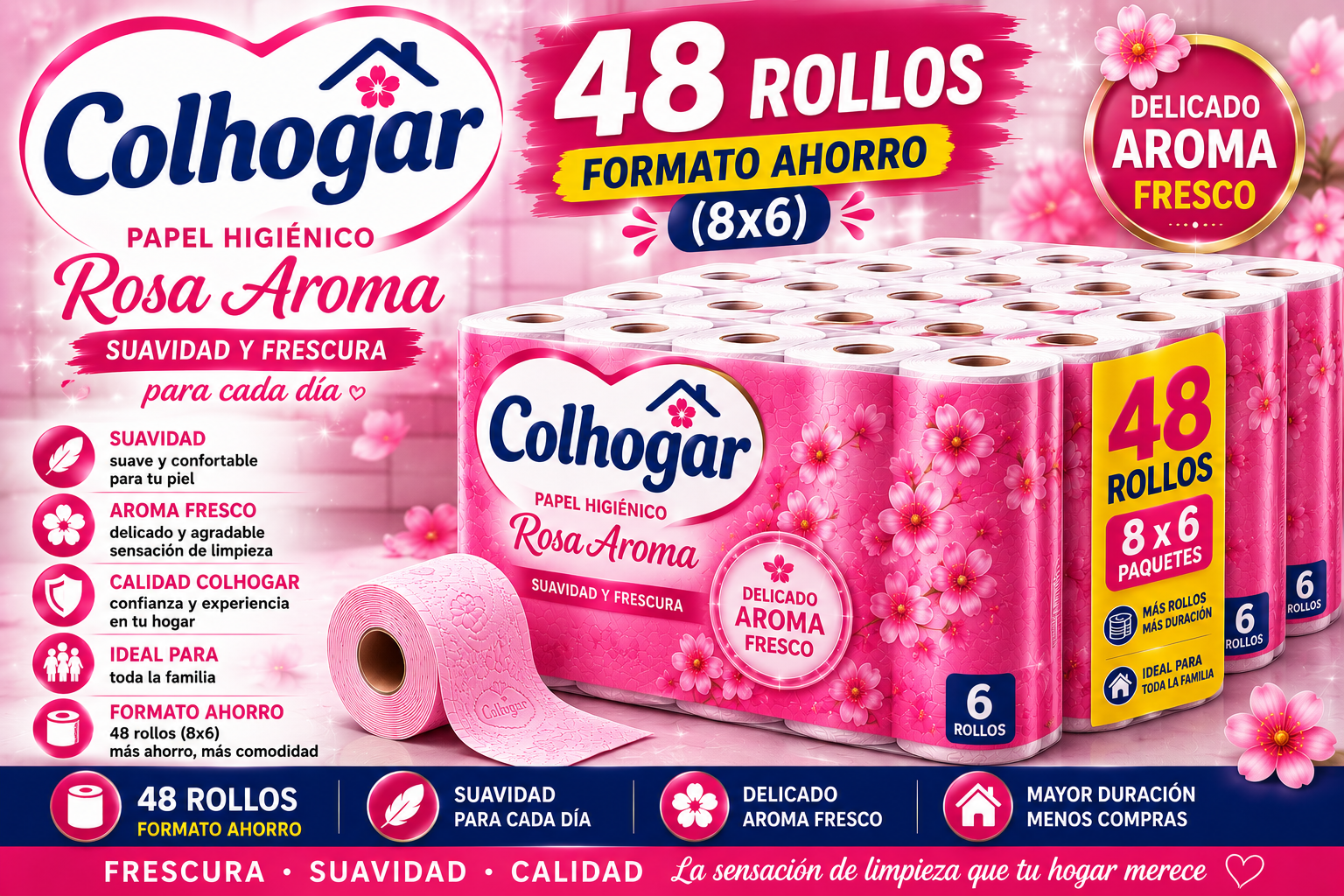 Colhogar  Papel Higiénico Rosa Aroma  48 Rollos (8×6)