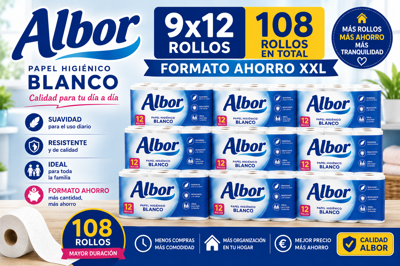 ALBOR PAPEL HIGIÉNICO BLANCO 108 ROLLOS (9×12)