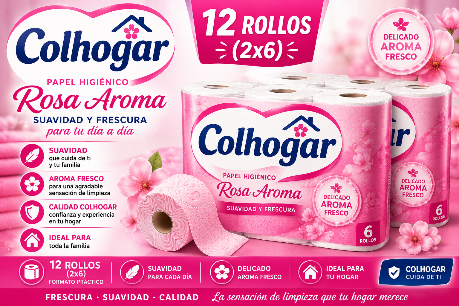 Colhogar papel higiénico rosa aroma 12 rollos (2×6)
