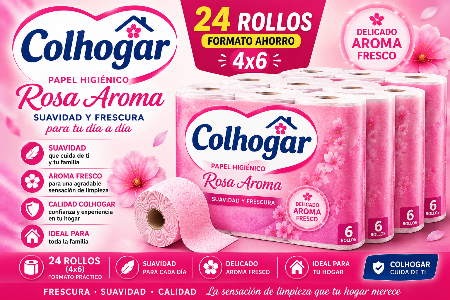 COLHOGAR PAPEL HIGIÉNICO ROSA AROMA 24 ROLLOS (4×6)