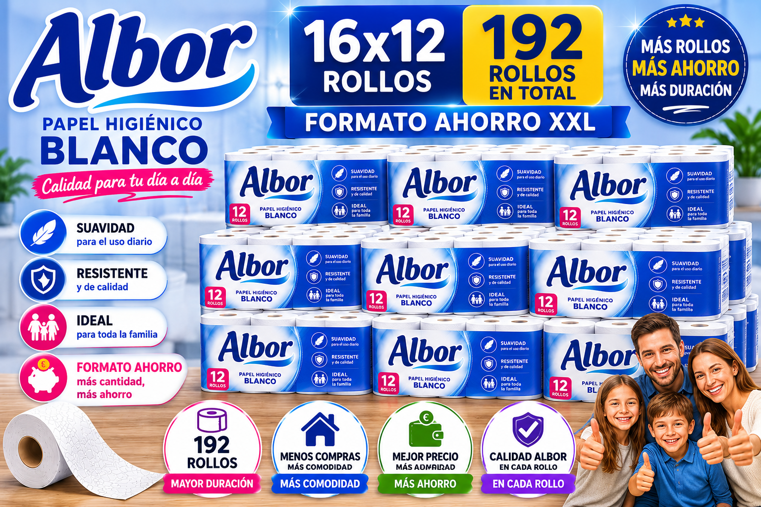 ALBOR PAPEL HIGIÉNICO BLANCO 192 ROLLOS (16×12)